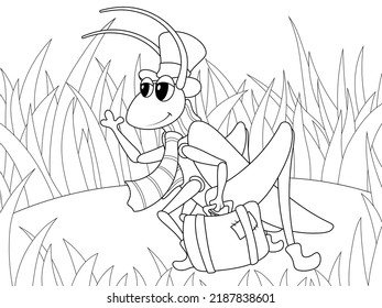 Children coloring, grasshopper in clothes with a suitcase, a meadow with grass.