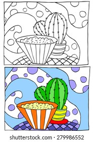Children coloring illustration, breakfast