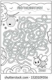 Children coloring maze with cute bee. Kids labyrinth game and activity page. Find the right path. Bee character birthday decor. Vector illustration.