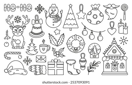 Children coloring page christmas. Outline deer snowman garland xmas tree wreath snowflake toys and santa hat. New year holidays neoteric vector clipart