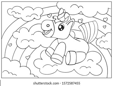 Children coloring page a cute unicorn near clouds and rainbow. Kids art activity page. Funny paint game. Education developing worksheet. Drawing unicorn birthday decor. Vector illustration.