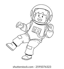 Children coloring page for kids with astronaut. Black outline vector illustration. Space travel coloring. Cartoon line art