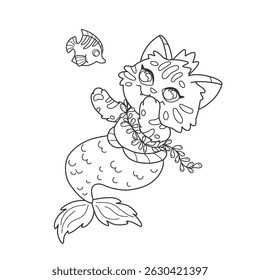 Crianças colorir página para crianças com princesa sereia gato e peixe. Caracteres subaquáticos bonitos para colorir a página. Conto de fadas kawaii kitten sereia