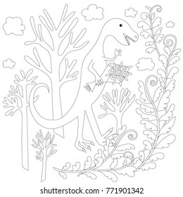 Children coloring page stock vector illustration dinosaur with bouquet for kids coloring book in prehistoric forest stock vector illustration
