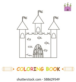Children coloring page vector illustration, cute castle in monochrome and colour version, for kids coloring book