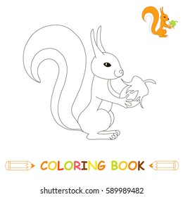 Children coloring page vector illustration, cute squirrel in monochrome and colour version for kids coloring book