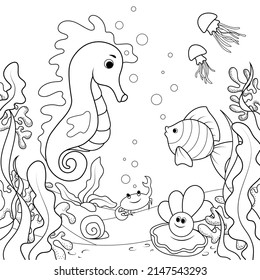 Children coloring, seabed and its inhabitants. Black lines, white background.