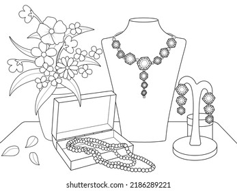 Children coloring, showcase with jewelry. Fashion for gold.