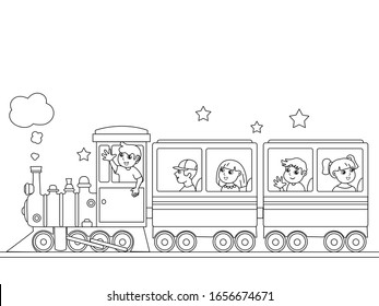 Children coloring, train with babies. Black lines, white background. Cartoon vector illustration