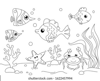 Children coloring. The underwater world, the bottom of the ocean. Sea inhabitants, fish. Vector illustration.