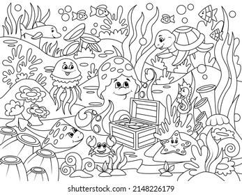 Children coloring, underwater world. Marine nature, animals and fish. Vector illustration, coloring book.