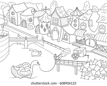 Children coloring vector fairy city with riverZentangle style. Black and white line