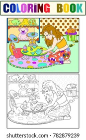 Children coloring vector girl in childrens room playing with dolls. white, black and color