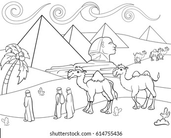 Children coloring vector landscape of Egypt with the pyramids. Zentangle style. Black and white line