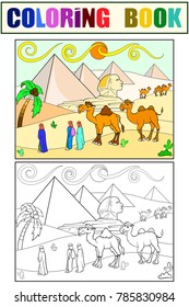 Children coloring vector landscape of Egypt with the pyramids. Black and white line