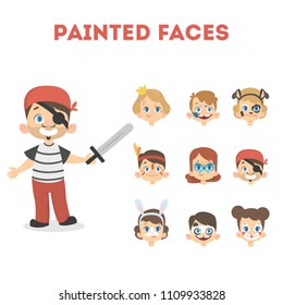 Children with colors painting face for holiday. Boy as pirate.