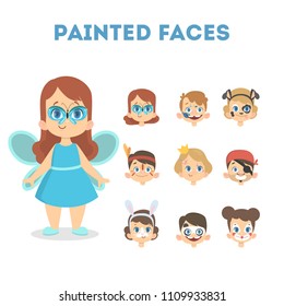 Children with colors painting face for holiday. Girl as butterfly.