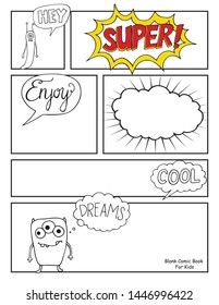 children comic book template, with empty speech bubbles and cute monsters