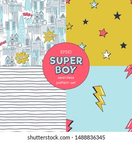 Children comic book vector seamless patterns set. City with fight bubbles, colorful stars, horizontal lines and lightning bolts textures pack. Wallpaper, wrapping paper, textile cartoon designs