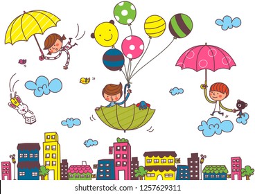 Children coming down on parachute umbrellas