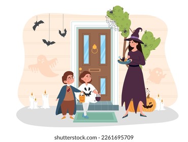 Children coming for sweets Halloween. Woman dressed as witch offers sweets to boy and girl dressed as wizards. Traditions and culture, entertainment, trick or treat. Cartoon flat vector illustration