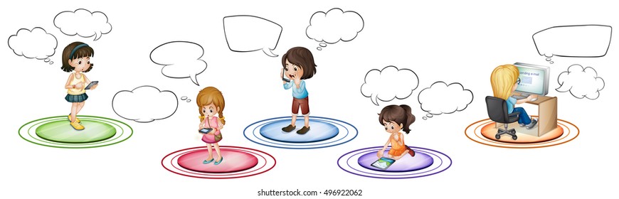 Children communicate through different devices illustration