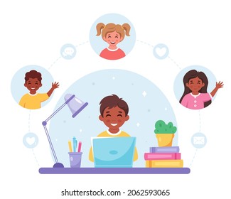 Children communicating online. Video call with friends, chatting online. Online studying, distance learning. Vector illustration