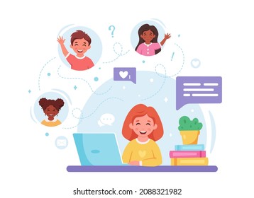 Children communicating online. Video call with friends, chatting online. Online studying, distance learning. Vector illustration