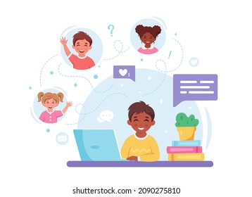 Children communicating online. Video call with friends, chatting online. Online studying, distance learning. Vector illustration