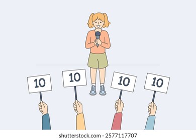 Children competition for girls to perform in front of jury and receive high marks for their talents. Children competition for kids reading elements or singing songs to identify prodigies and geniuses