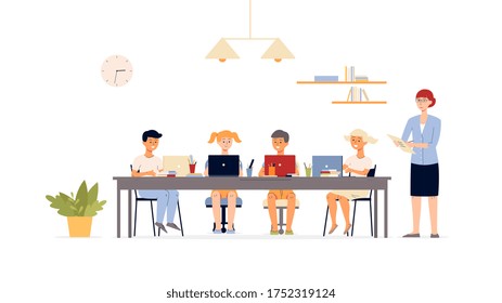 Children computer class in school scene with kids characters, flat vector illustration isolated on white background. Computer lessons and education for children.