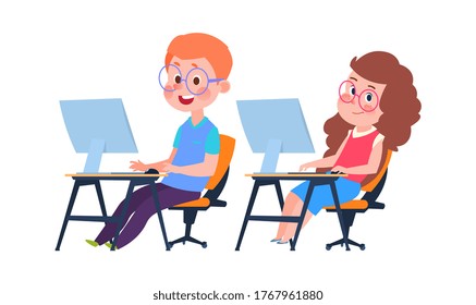 Children and computer science. Informatics lesson, cartoon boy girl at desks with monitors. Kids learn coding vector illustration