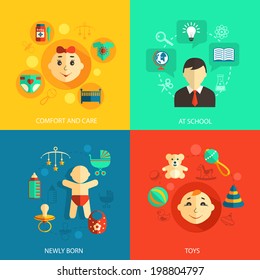 Children concept flat icons set of newly born baby comfort and care school education and toys for infographics design web elements vector illustration
