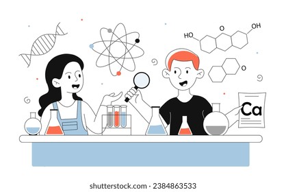 Children conduct educational experiments. Boy and girl in scientific lab. Chemistry lesson and formulas. Education, learning and training. Poster or banner. Linear flat vector illustration