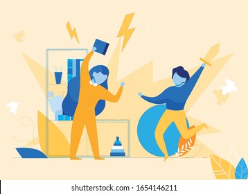 Children Conflict, Fighting and Quarreling Brother and Sister. Family Junior Generation Problems. Hyperactivity, Aggression and Discipline Lack, Bad Uncontrolled Behavior. Flat Vector Illustration.