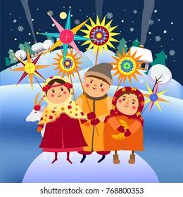  Children congratulate with Christmas, carols.Christmas card.Vector illustration.