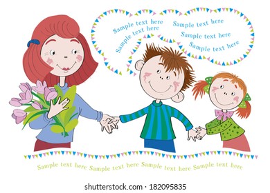 Children congratulate mum or the teacher. There is a speech bubble for your text. Illustration done in cartoon style.