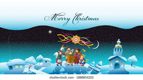 Children congratulations Merry Christmas in winter village. Vector illustration.