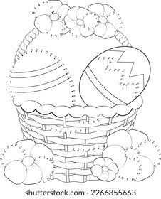 Los niños conectan los puntos. Dibujo de una canasta con huevos de Pascua. libro de coloración para niños