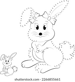 Kinder verbinden die Punkte. Zeichnen eines Hasen mit einer Schleife. Farbbuch für Kinder