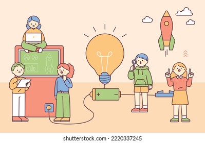 Children are connecting batteries, machines and light bulbs and doing science experiments. outline simple vector illustration.