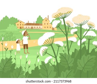Children are considering a dangerous cow parsnip. The spread of hogweed has upset the ecological balance and has become a serious problem for people. Flat vector illustration. svg