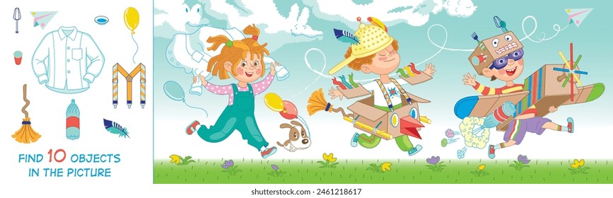 Children constructed airplanes from boxes, sticks, pinwheels, balls and PET bottles. Fun game. Vector illustration. Find 10 objects in the picture. Funny cartoon characters.