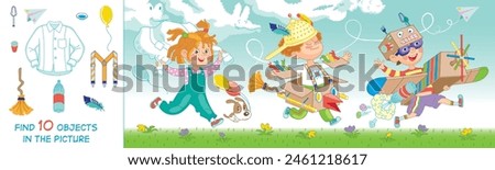 Children constructed airplanes from boxes, sticks, pinwheels, balls and PET bottles. Fun game. Vector illustration. Find 10 objects in the picture. Funny cartoon characters.