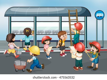 Children at construction site illustration