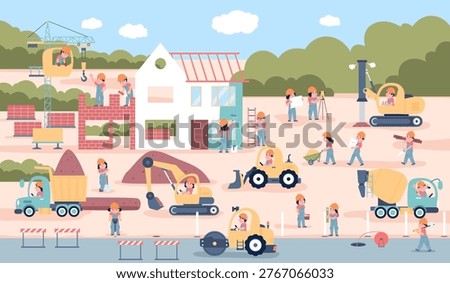 Children at construction site. Kids with building equipment and special transport builds house from bricks. Outdoor professional playground, recent vector scene