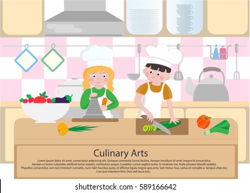 Children cook in the kitchen. Culinary Arts concept. Cooking Class Poster. Vector illustration.