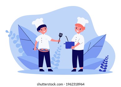 Children cooking dishes together. Friends in chef uniform, child frying fish in pan, other holding pot flat vector illustration. Cooking, kitchen concept for banner, website design or landing web page