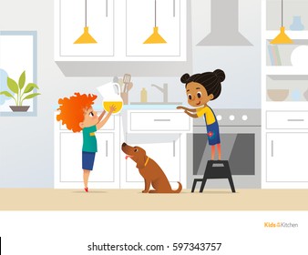 Children Cooking Food In Kitchen. Red Head Boy Holding Pitcher With Drink, Girl In Apron Standing By Stove And Cute Pet Dog. Home Alone Concept. Vector Illustration For Poster, Website, Postcard.