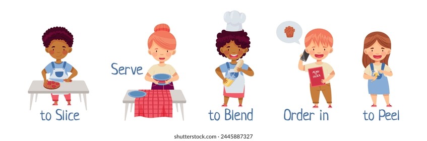 Kinder kochen in der Küche demonstrieren Action Verb Vektorgrafik Set
